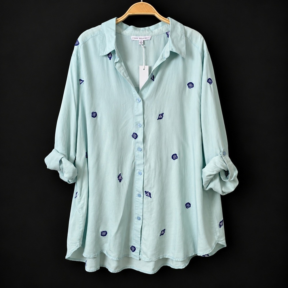 Jane + Delancey Seashell Embroidered Button Down Shirt Women 1X Blue Long Sleeve